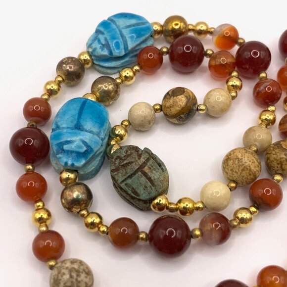 Carnelian Jasper Aqua Scarab Vintage Handmade Beaded Necklace J699 - Picture 2 of 11